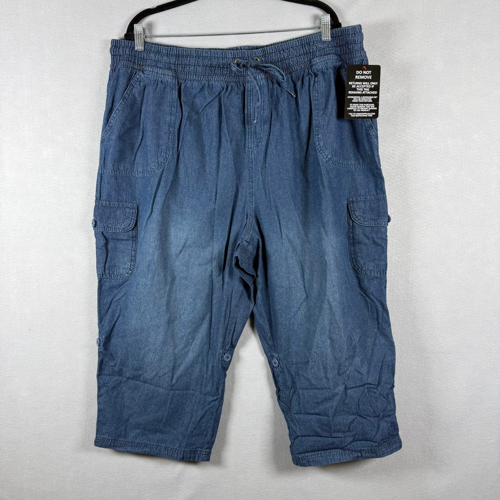Woman Within Womens 22W Capri Pants Blue Chambray Cargo‎ Roll Tab Plus Size